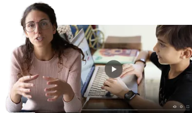 A woman's image layerd on another image of a child using his laptop for online schooling.